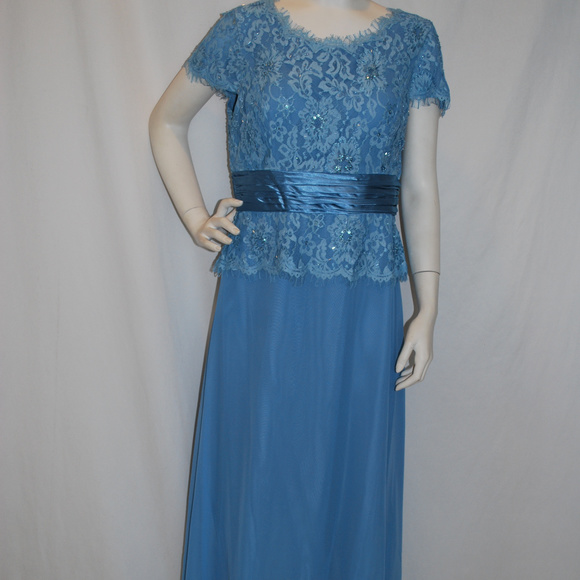 Long Blue Mothers Gown Lace Chiffon Satin Trim SS - Picture 2 of 8